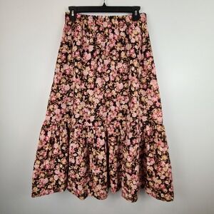 H&M Women's Floral Black Midi Skirt Elastic Waist Boho Small Flare Lined Cottage